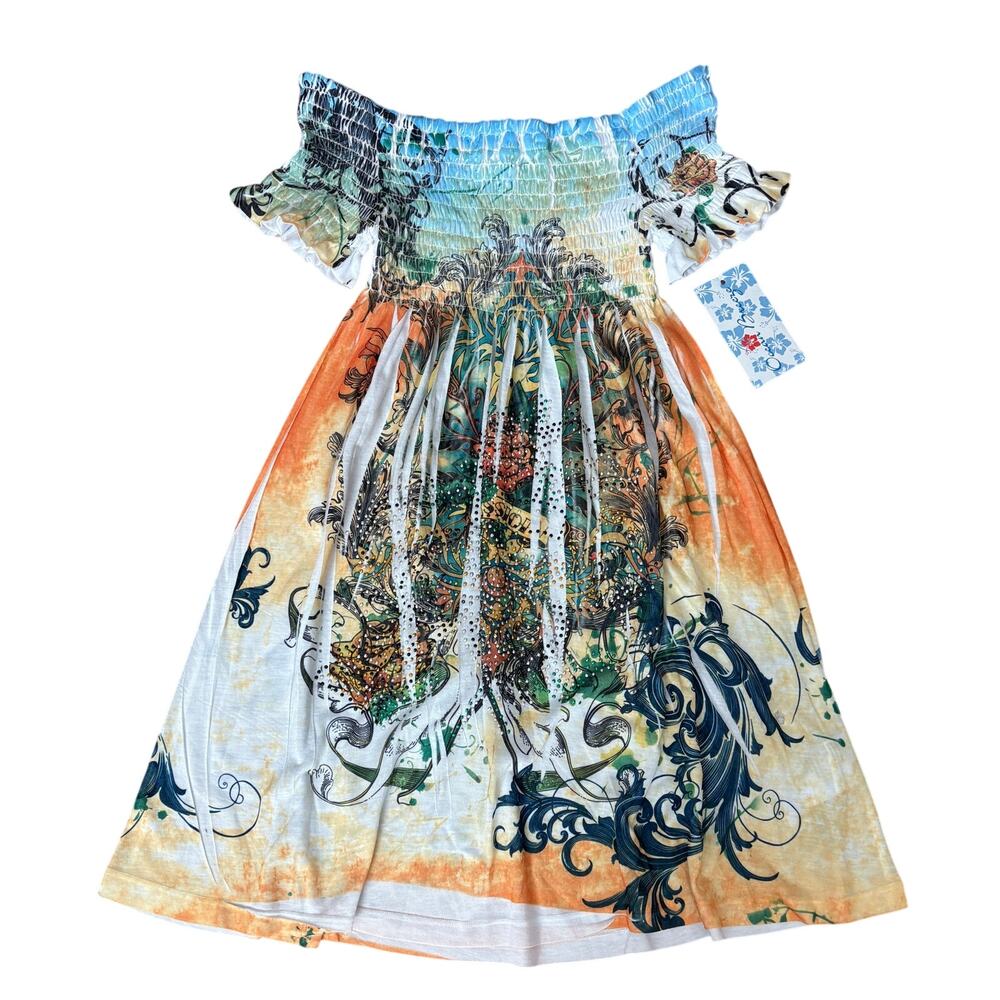 Y2K Deadstock Ocean Breeze Smocked Tattoo Rhinestone Fairy Boho Top Dress NWT